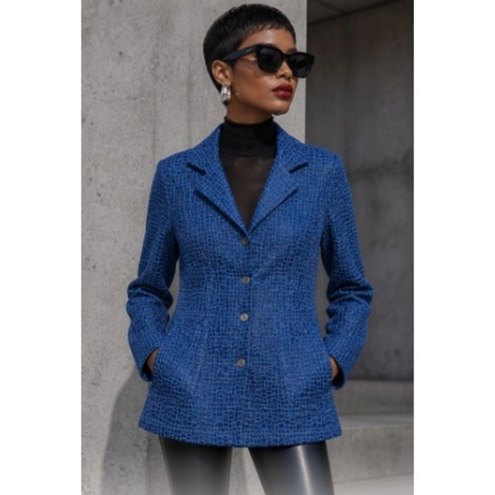 Ohm Blue Croc Embossed Longline Blazer Jacket Button Front Y2K Size P